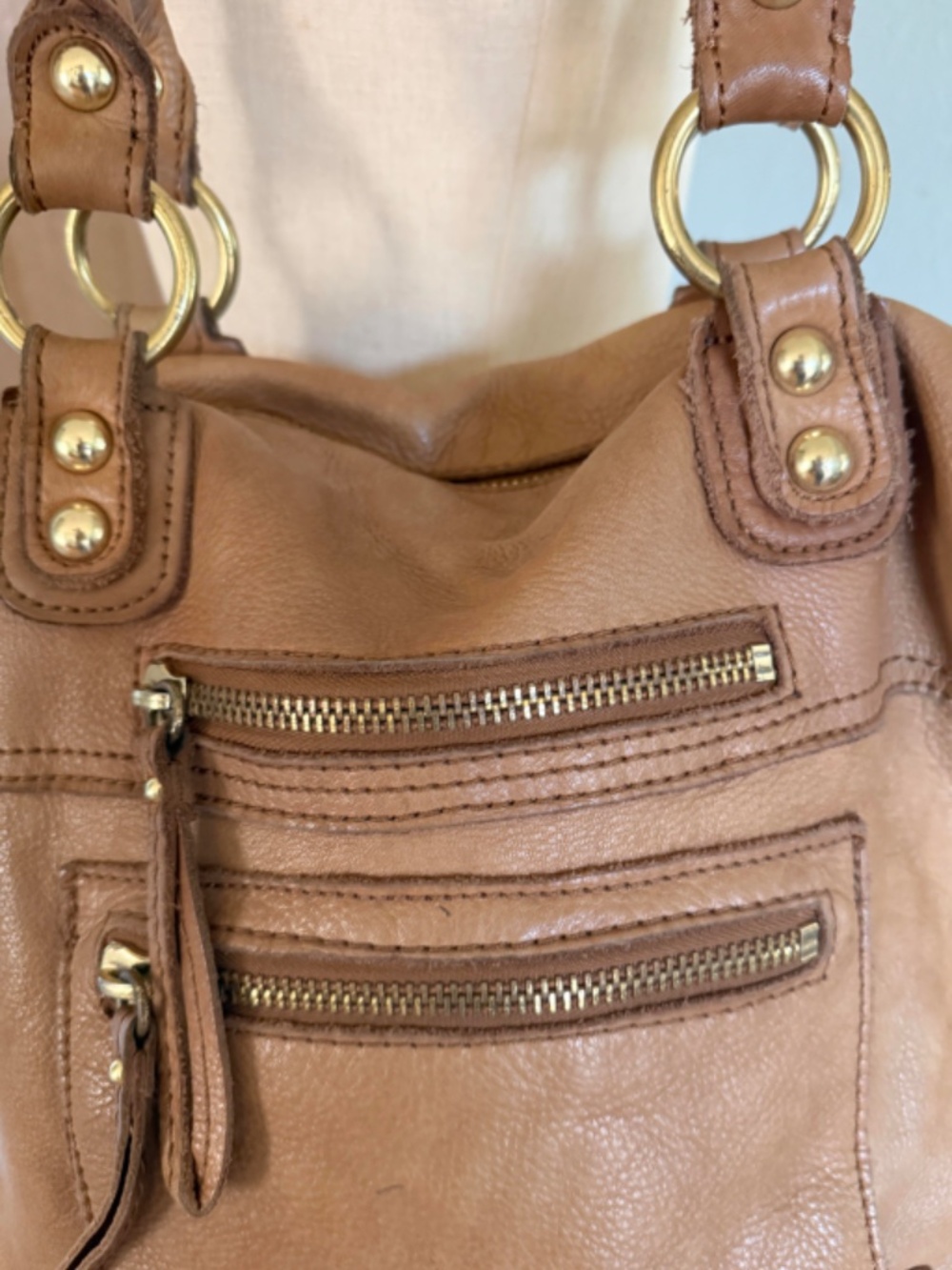 Brown Camel Genuine Leather Lined Pelle Tote Shoulder Bag Purse Large - Picture 2 of 11